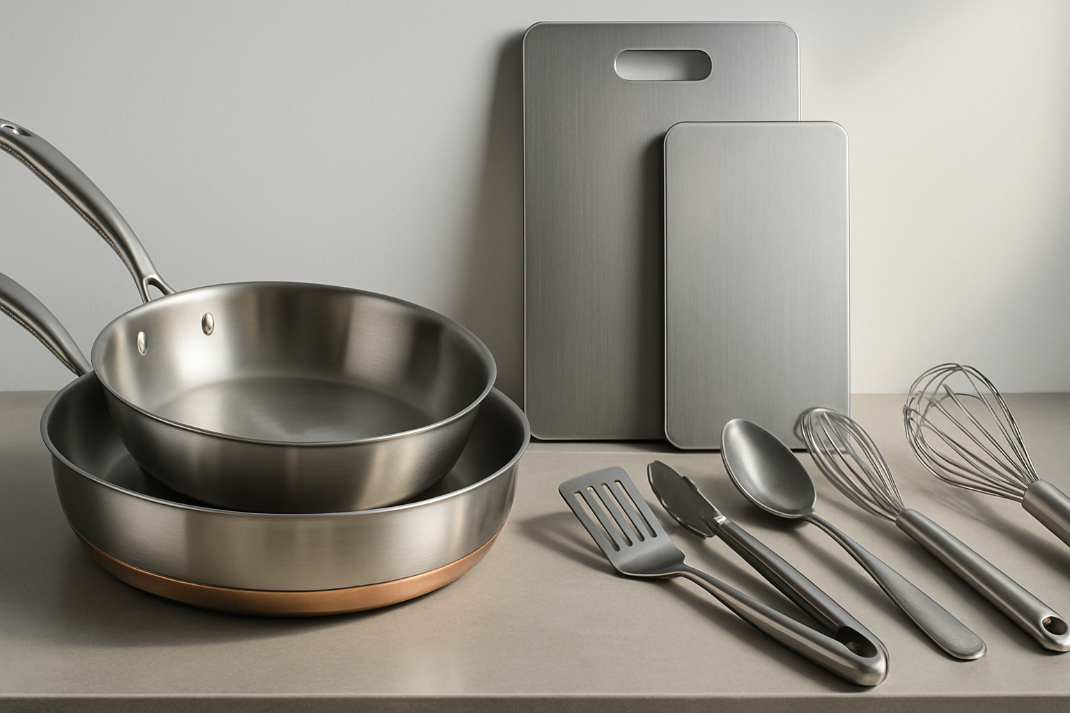 a full width and 500px height collection banner image for a collection of matalic pan, cutting board, and utensils